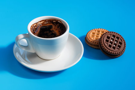 Cup of hot espresso and two cookies with cream filling on blueの写真素材