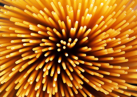 Yellow italian spaghetti. Top View. Abstract background. Raw pasta. Closeup