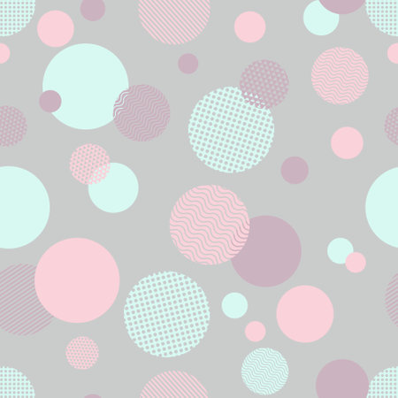Geometric seamless pattern with circles, stripes, dots. Blue, pink and purple circles on gray background. Fabric swatch for bed linen, children's clothing. Pastel colored print. Vector illustrationのイラスト素材