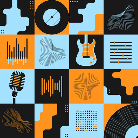 Abstract art composition with various geometric shapes, objects and musical instruments. Poster design. Music concept. Graphic design for backdrop, cover, flyer or signboardのイラスト素材