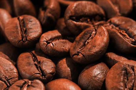 Natural coffee beans background. Macro. Texture of roasted gold colored coffee beans. Closeupの写真素材