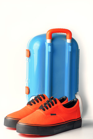 Blue suitcase and orange gumshoes on white background. Travel concept. Copy space