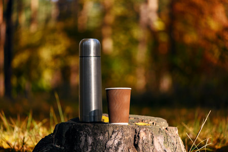 flask and disposable paper cup of coffee or tea on old tree stump in calm autumn forest. Outdoor recreation and relaxationの写真素材