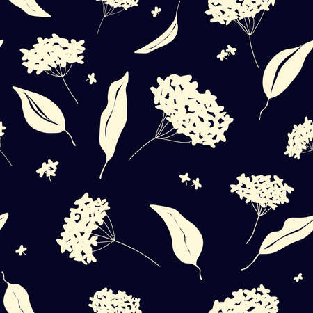 Vector botanical seamless pattern in dark blue and milk colors. Silhouettes of blooming flowers and leaves. Elegant floral print for textile, fabric, wallpaperのイラスト素材