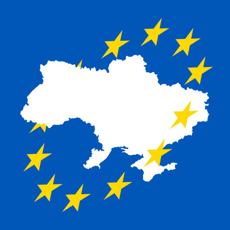 Map of Ukraine and stars forming circle around it in ukrainian flag colors. Uniting with European Union. European support during 2022 Russian invasion of Ukraine. vector illustrationのイラスト素材