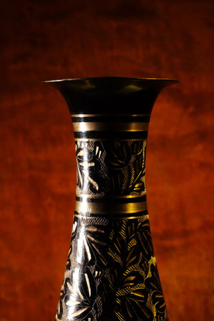 Vintage vase on wood background (focus on vase).の写真素材