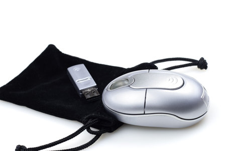 Portable Mouse and Bag Isolated over Whiteの写真素材