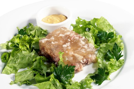 Meat Jelly Served with Salad Leaves and Sour Cucumber Creamの写真素材