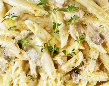 Cheese Penne Pasta with Chicken and Mushroom. Directly Aboveの写真素材