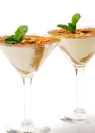 Tiramisu Dessert in a Glass with Mint and Strawberryの写真素材