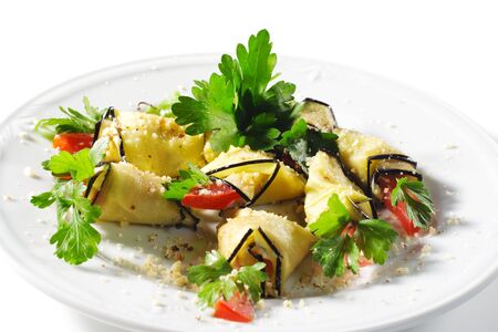 Side Dish - Baked Eggplant with Parsley and Tomatoの写真素材