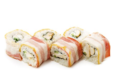 Japanese Cuisine - Sushi with Chicken and Cucumber Wrapped in Baconの写真素材