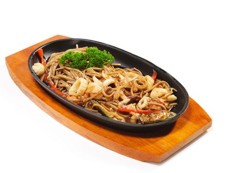 Japanese Cuisine - Hot Noodles with Seafood and Vegetablesの写真素材