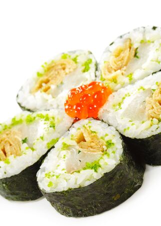 Japanese Cuisine - Sushi Roll with Sea Bass, Cream Cheese and Salmon Roeの写真素材