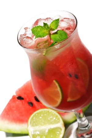 Watermelon Caipirinha - Cocktail with Watermelon, Cachaca, Rum, Sugar and Lime. Isolated on White Backgroundの写真素材
