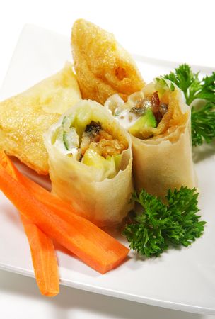 Japanese Cuisine - Hot Appetizers: Eel and Avocado Wrapped in Wheats Doughの写真素材