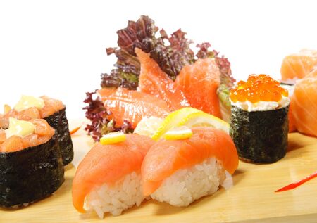 Japanese Cuisine - Salmon Sushi Set and Maki Sushi with Red Caviarの写真素材