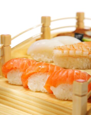 Japanese Cuisine - Sushi Set on Wood Bridgeの写真素材