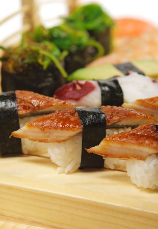 Japanese Cuisine - Sushi Set on Wood Bridgeの写真素材