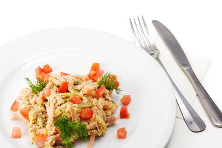 Salad Comprises Chopped Smoked Chicken and Champignon Dressed with Dill and Tomatoesの写真素材