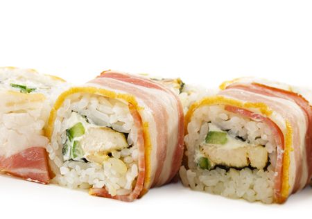 Japanese Cuisine - Sushi with Chicken and Cucumber Wrapped in Baconの写真素材