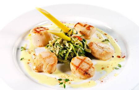 Grilled Sea Scallop with Zucchini Spaghetti and Spice Sauceの写真素材