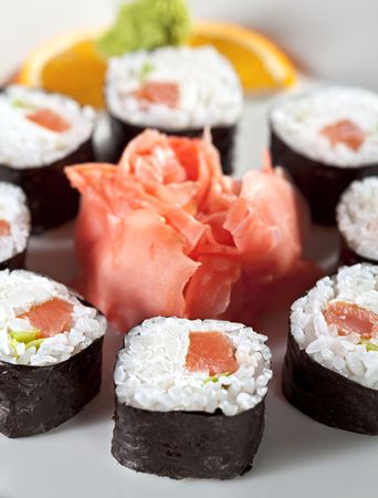 Maki Sushi with Smoked Salmon, Cream Cheese and Spring Onion insideの写真素材