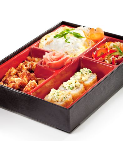 Bento Lunch: Chinese cabbage Salad, Hot Roll, Hot Appetizer and Omeletteの写真素材