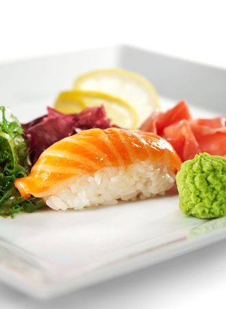 Japanese Cuisine -  Salmon (sake) Nigiri Sushi with Ginger and Seaweedの写真素材