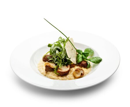 Risotto with Mushrooms, Corn Salad, Rucola and Truffle. Served with Parmesan Chip and Spring Onionsの写真素材