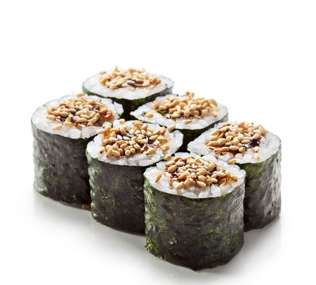 Unagi Maki - Smoked Eel Sushi Roll. Topped with Eel Sauce and Sesameの写真素材
