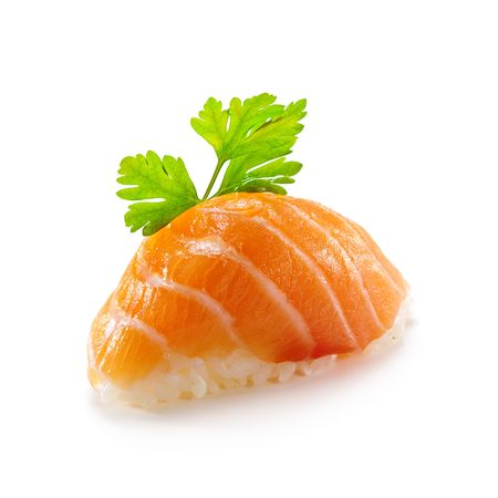 Japanese Cuisine -  Salmon (sake) Nigiri Sushi served with Parsleyの写真素材