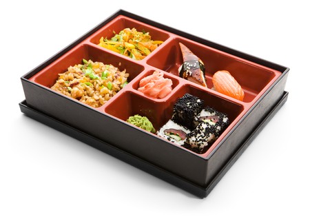 Japanese Bento Lunch - Salad with Hot Rice Appetizer and Sushiの写真素材