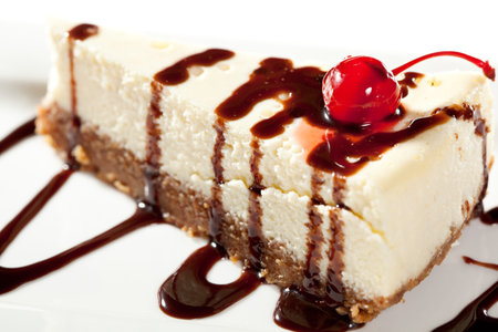 Cheesecake with Chocolate Sauce and Cherriesの写真素材