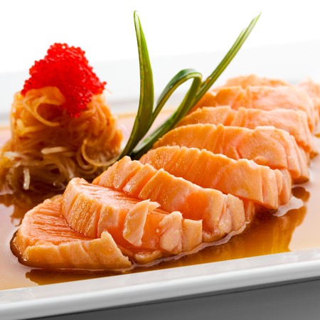 Japanese Cuisine - Salmon Fillet with Noodles and Sauceの写真素材