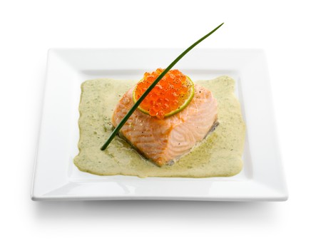 Salmon Fillet in Cream Sauce with Salmon Roeの写真素材