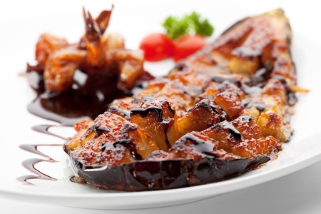 Baked Eggplant with Shrimps and Sauceの写真素材