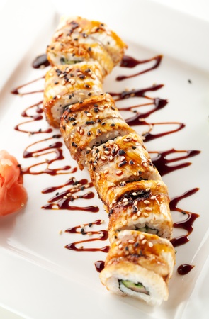 Salmon and Smoked Eel Maki Sushiの写真素材