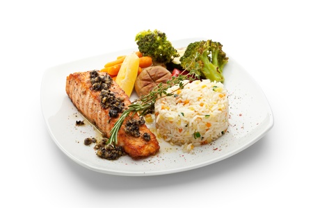 Grilled Salmon with Vegetables and Riceの写真素材
