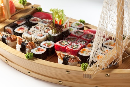 Japanese Cuisine - Sushi on a Wooden Shipの写真素材