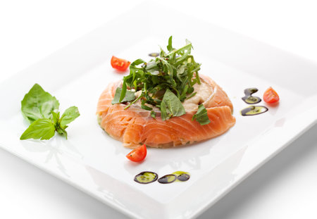 Broccoli and Cauliflower Mousse with Soft Salted Salmon and Herbs