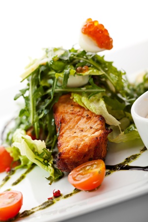 Grilled Salmon with Vegetables, Eggs and Tartar Sauceの写真素材