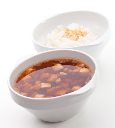Japanese Cuisine - Miso Soup. Garnished with Rice Bowlの写真素材