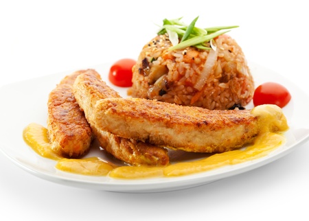 Deep Fried Fish Sticks with Coconut Sauce. Garnished with Rice and Vegetablesの写真素材