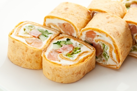 Mexico Maki Sushi - Roll made of Smoked Salmon, Cream Cheese, Cucumber and Spring Onion inside. Tortilla outsideの写真素材