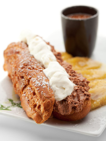 Delicious Dessert - Eclair with Caramel Banana and Ice Cream