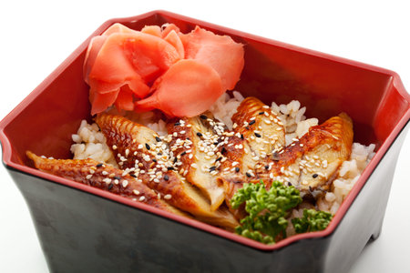 Japanese Cuisine - Unagi (Smoked Eel) on Rice with Sesame and Gingerの写真素材