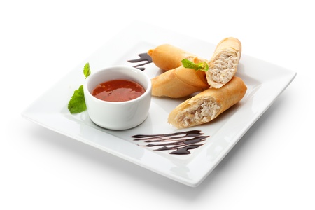 Chicken Spring Roll with Red Spicy Sauceの写真素材