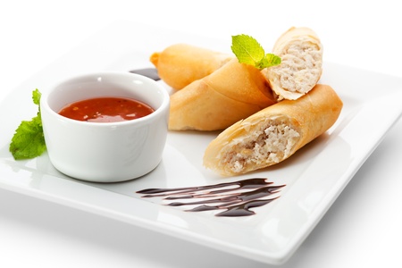 Chicken Spring Roll with Red Spicy Sauceの写真素材