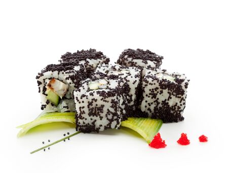 Roll made of Smoked Eel and Cream Cheese inside. Tobiko outsideの写真素材